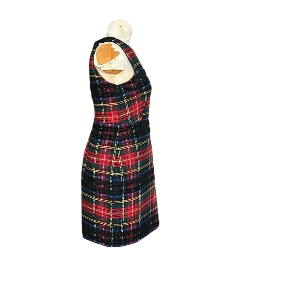J. Crew Lurex Stewart Tartan Plaid Sleeveless Sheath Dress Holiday Red/Black 10P